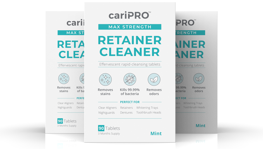 Three boxes of cariPRO Max Strength Retainer Cleaner tablets, 270 tablets total