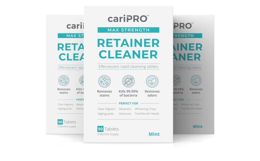 Three boxes of cariPRO Max Strength Retainer Cleaner tablets, 270 tablets total