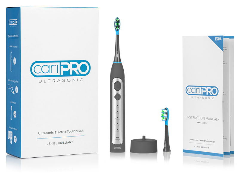 Individual Package: cariPRO Electric toothbrush with 2 replacement brush heads